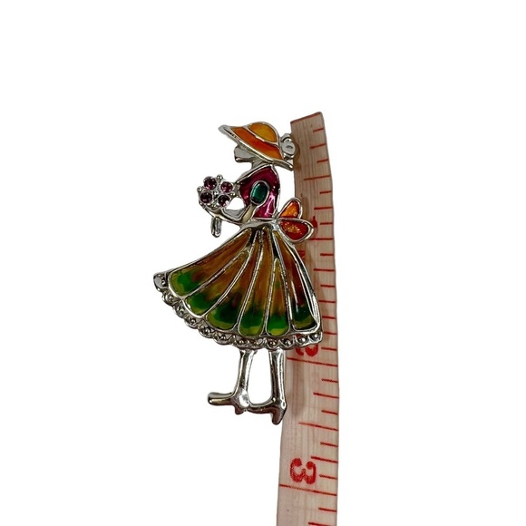 Silver Tone & Enamel Stained Glass Garden Party Lady Brooch Pin - Picture 7 of 7